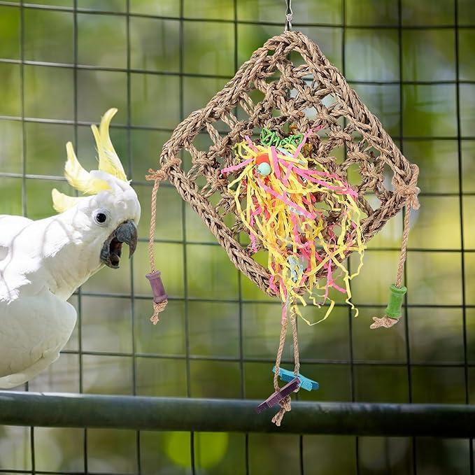 LIOOBO Woven Seagrass Bird Hanging Hammock for Parakeets Cockatiels Conures Chewing Foraging Plaything Cage Accessory Safe Wear-Resistant Material