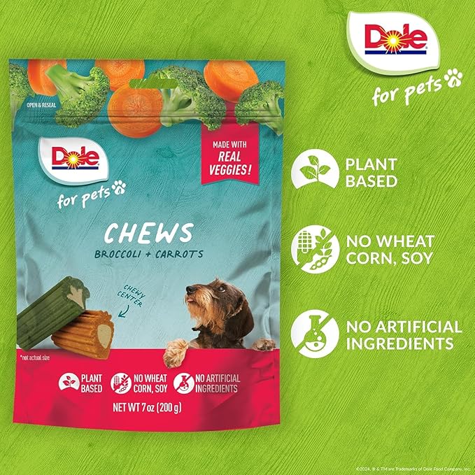 Dole for Pets Dog Chews, Assorted Broccoli + Carrot Vegetable-Flavored Treats, No Artificial Colors Flavors or Preservatives, No Wheat Corn Soy, Plant Based Dog Treats, 7.05 Oz Bag - 6 Pack