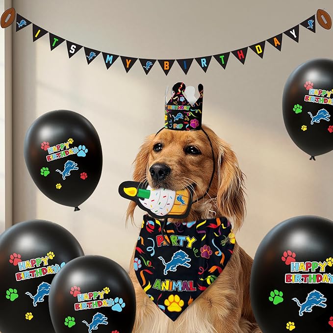 NFL Detroit Lions Dog Birthday Party Set 10pcs with 1 Football Bandana Large/X-Large, 1 Crown Hat, 1 Banner, 1 Birthday Cake Toy & 6 B-Day Balloons, Dog Birthday Set, Costume, Fun Doggie Pawty