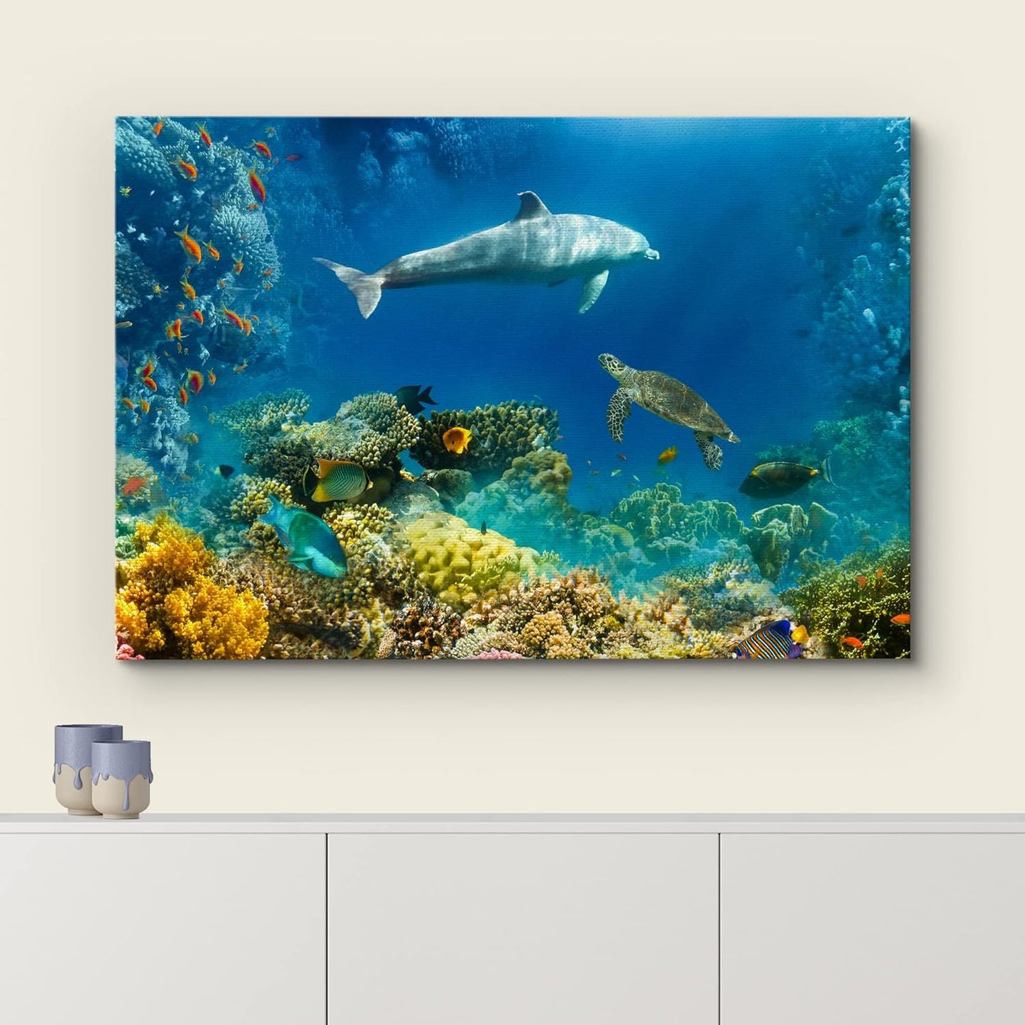 wall26 Canvas Print Wall Art Tropical Ocean Underwater Dolphin Coral Reef Nature Animals Photography Realism Rustic Scenic Landscape Wilderness Colorful for Living Room, Bedroom, Office - 12"x18"