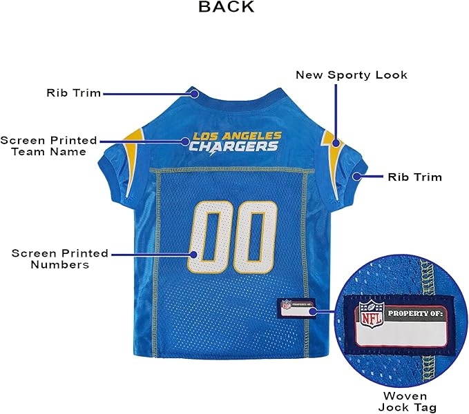 Pets First NFL Los Angeles Chargers Dog Jersey, Size XX-Large, Football Shirt Costume for Pet, Dog Sports T-Shirt, NFL Team Clothing for Cats, Licensed Pet Apparel Available in 7 Sizes and 32 Teams