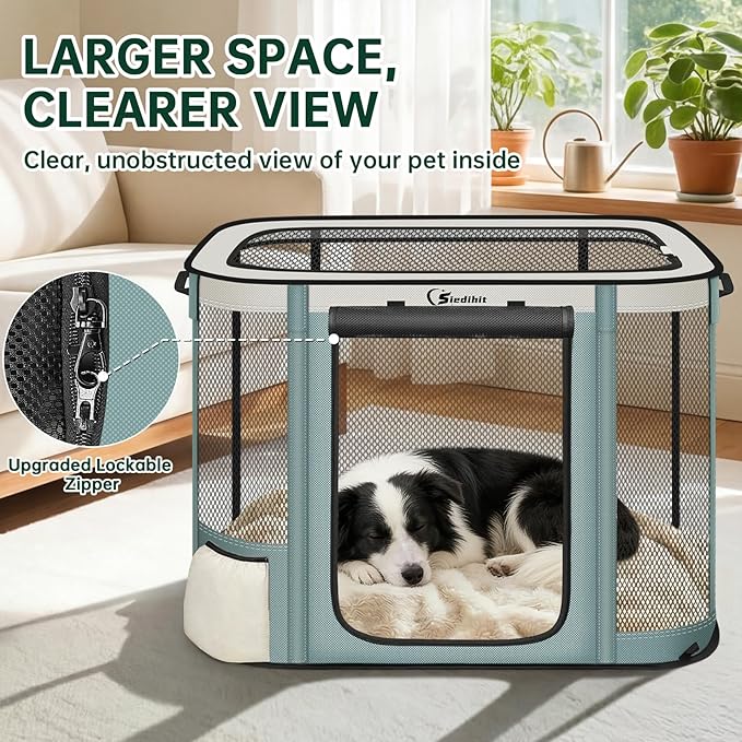 Siedihit Dog Cat Playpen Crate with Washable Pee Pad, Reinforced Durable Dog Cage, Portable Foldable Pet Kennel with Breathable Visibility (Grey, Extra Large)