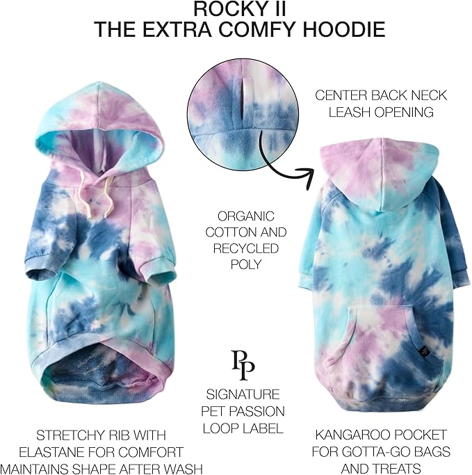 Pet Passion Rocky II - The Extra Plush Comfy Hoodie, Organic Cotton and Recycled Poly Dog Hoodie Pet Coat Sweater for Small, Medium, Large Dogs, Purple Tie Dye, XX-Large (70-110 lbs)
