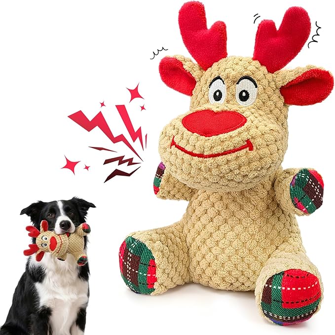 Reindeer Squeaky Dog Toy – Soft Crinkle Stuffed Chew Toy for Small & Medium Dogs, Cute Plush Puppy Toy