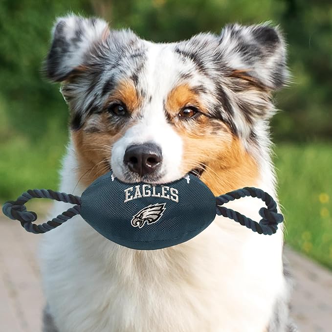 Pets First NFL Philadelphia Eagles Football Dog Toy, Tough Quality Nylon Materials, Strong Pull Ropes, Inner Squeaker, NFL Team Color