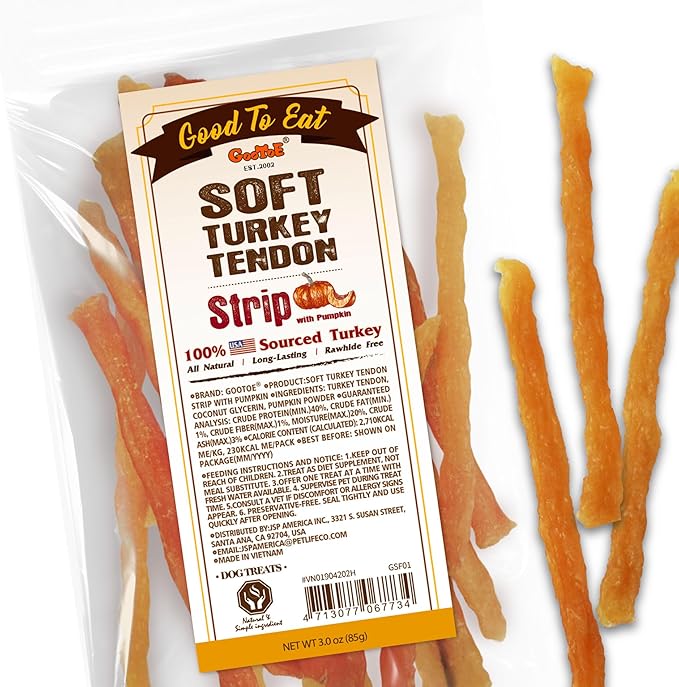Gootoe Soft Turkey Tendon Strip with Pumpkin 3oz, Chewy Snack, USA-Sourced Turkey Tendon, Premium Training Chews, Hypoallergenic, Ideal for Small & Senior Dogs