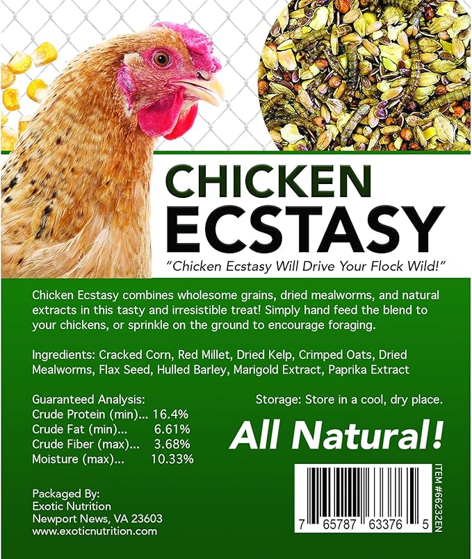 Exotic Nutrition Chicken Ecstasy (18 lb.) - Healthy All-Natural Backyard Chicken Feed - Grains, Dried Mealworms & Natural Extracts - Promotes Healthy Chickens & Eggs