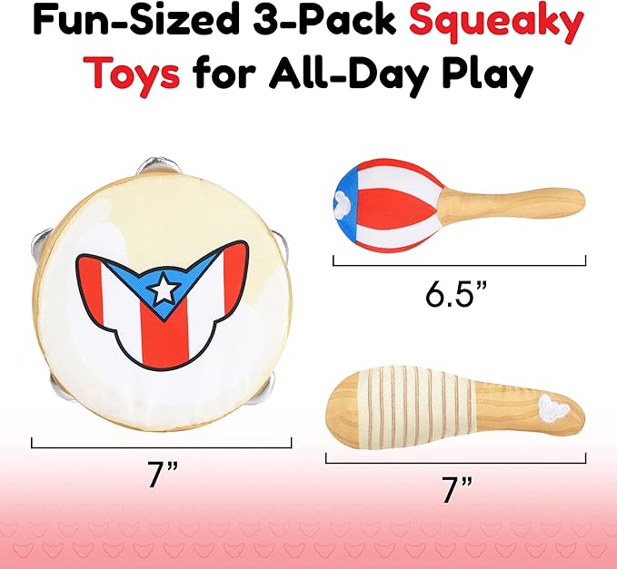 Toy Doggie Puerto Rican Flag Squeaky Pet Toys | Instrument-Inspired Perrandeo Kit – 3-Pack Toys for Dogs and Cats | Durable & Engaging for All-Day Play | 9”H x 7”W