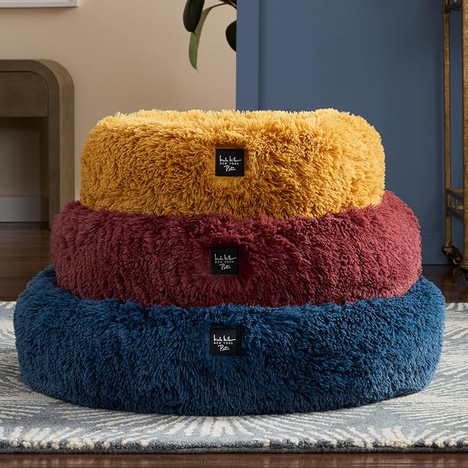 Nicole Miller NEW YORK PET Ellie Fuzzy Solid Donut Pet Bed, Plush, Cozy & Calming, Non-Slip Bottom, 100% Machine Washable, Blue, Small 24"x24"x7" Round