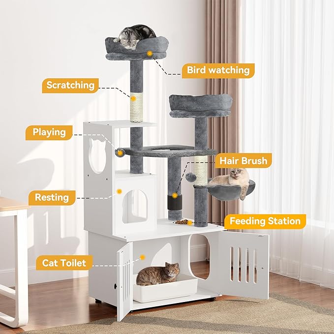 YITAHOME Cat Tree with Litter Box Enclosure, 2-in-1 Cat Furniture, Modern Cat Condo, Indoor Cat Tower with Wood House, Perch, Food Station, Hammocks, Scratch Post, Hair Brush, 59 Inch, White