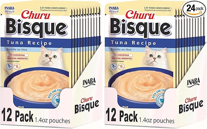 INABA Churu Bisque for Cats,Creamy Lickable Purée Side Dish with Vitamin E,1.4 Ounces per Pouch,Tuna Recipe,(Pack of 24)