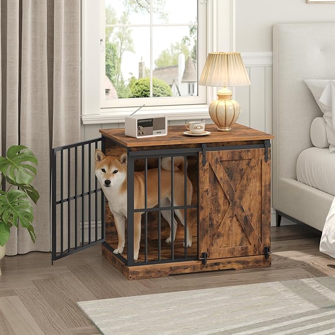 MAHNACRIS 31.5" Farmhouse Dog Crate Furniture with Barn Door, Heavy Duty Dog Kennel for Small Medium Dogs, Wooden Dog Cage End Table, Decorative Pet House, Chew Resistant, Rustic Brown DCHR8001