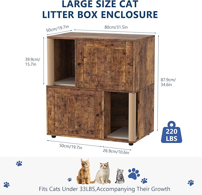 Double Litter Box Enclosure for 2 Cats, 2 Tier Litter Box Enclosure Furniture with Scratching Post and Dual Mats,Wood Cat Kitty House Cabinet,Modern Style