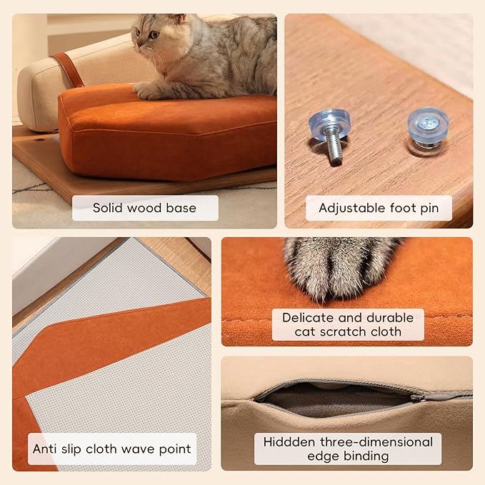 GDFStudio 27.6" Wooden Pet Bed for Cats and Dogs, Oak Veneer Frame with Washable Cushion, Scratch-Resistant Fabric, Elevated Pet Sofa Bed with Hanging Toy and Non-Slip Feet for Medium to Large Pets