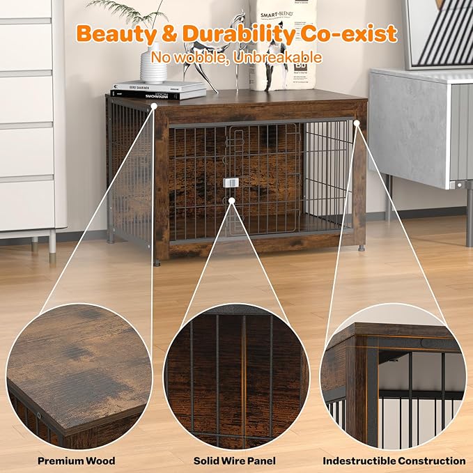 Escape Proof Decorative Dog Crate Furniture with Wooden Top, 38in Furniture Style End Table and Secure Indoor Kennel, Anti Anxiety for All Breeds, Aged Black