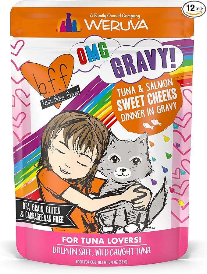 Weruva B.F.F. OMG - Best Feline Friend Oh My Gravy!, Tuna & Salmon Sweet Cheeks with Tuna & Salmon in Gravy Cat Food, 3oz Pouch (Pack of 12)