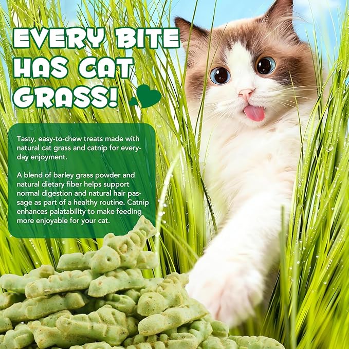 180g/6.4oz Cat Grass Treats for Hairball Control, Natural Teeth Cleaning & Fresh Breath, Crunchy Catnip Flavored Biscuits with Barley Grass, Cat Training Rewards for All Breeds