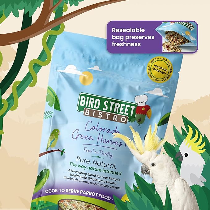 Bird Street Bistro Parrot Food for Parakeets & Cockatiels - Colorado Green Harvest - 18 oz - Cooks in 3-15 min, Natural Grains, Fruits & Vegetables - USA Made