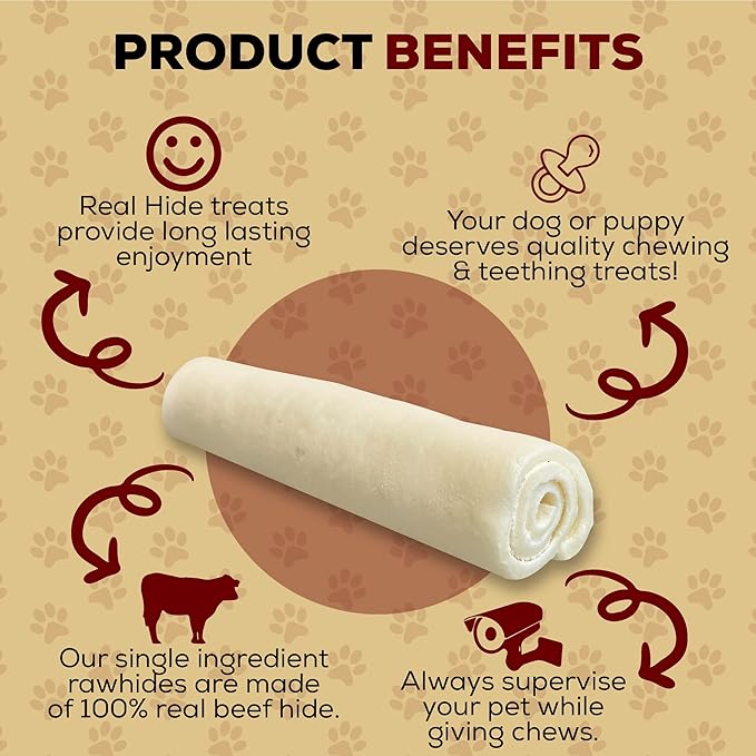 Real Hide | All Natural Dog Chew Treats - Premium Rawhide Rolls, 9-10 Inch - Long Lasting Grass Fed Free Range Beef Hide - Medium/Large Dogs - 20 Count