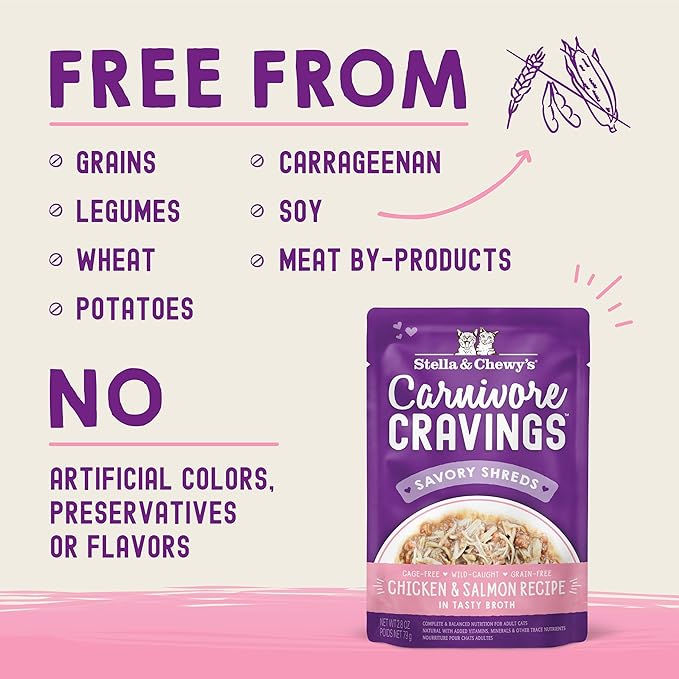 Stella & Chewy's Carnivore Cravings Wet Cat Food - Premium Pouches - Grain Free, High Protein Chicken & Salmon - Perfect for Picky Eaters - Complete Meal or Topper (2.8 oz, 12 Pack)