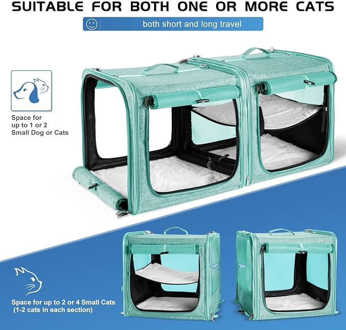 Large Cat Carrier for 2 Cats with Zipper Locks, Double Cat Carrier with Travel Litter Box, Soft Pet Travel Carrier for Cats and Small Dogs Up to 45 Lbs, Green