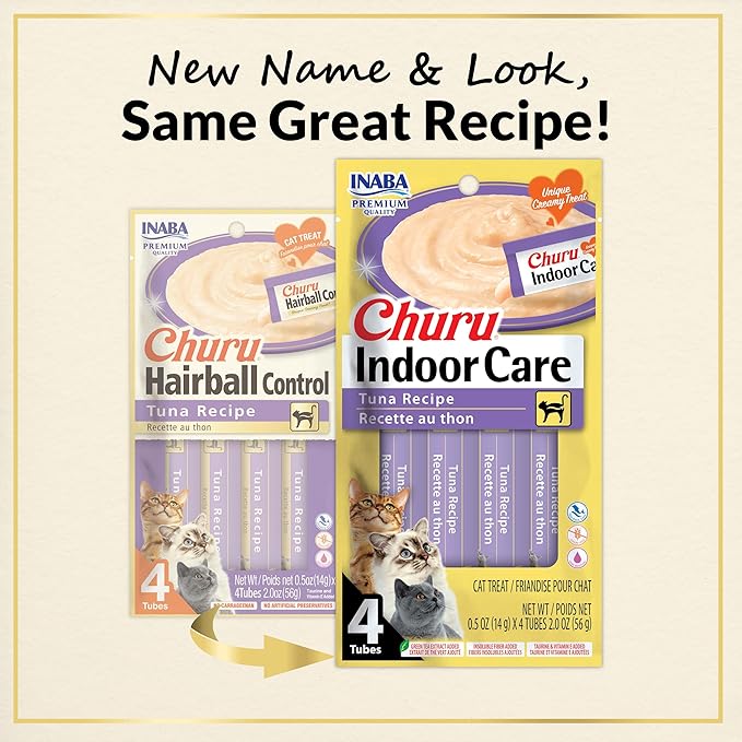 INABA Churu Hairball Control,Functional,Creamy Lickable Purée Cat Treat with Taurine & Vitamin E,0.5 Ounces Each,Tubes (4 per Package),Tuna Recipe - Packaging May Vary*,(Pack of 48)