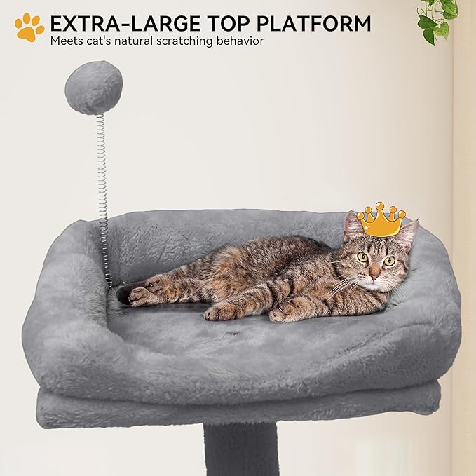 YITAHOME 64.5" Cat Tree, Multi-Level Cat House, Large Cat Condo Furniture with Perch Hammock, Scratching Posts and Dangling Balls for Kittens, Cats and Pets, Light Gray