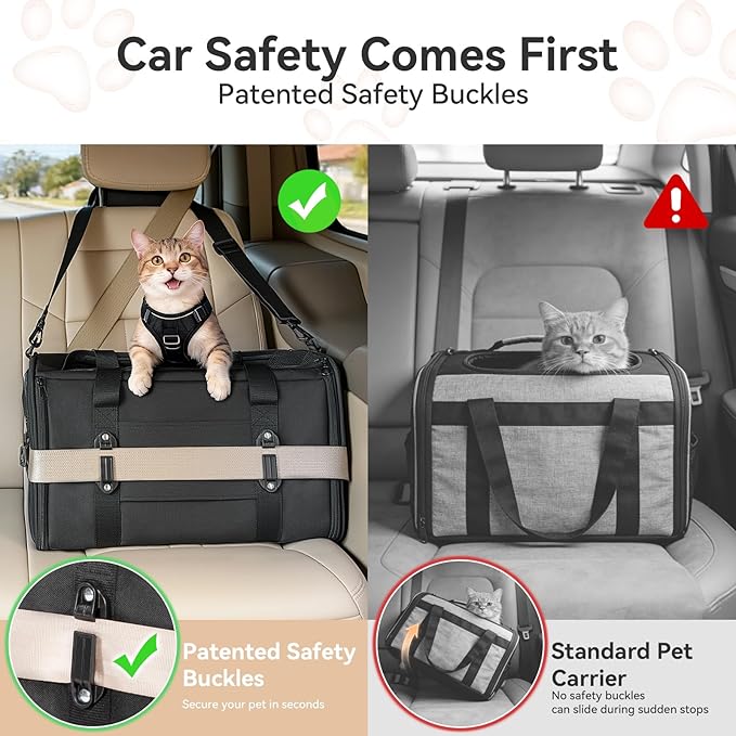 PETSFIT Soft-Sided Cat Carrier with Patented Safety Buckles, Lockable Zippers & Safety Tether,Escape-Resistant Travel Pet Carrier for Car Rides & Vet Visits, Airline Approved Under-Seat, Up to 12 lbs
