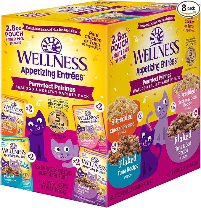 Wellness Appetizing Entrées Flaked, Shredded and Mousse Variety Pack Adult Wet Cat Food, Natural, Protein-Rich, Grain Free, Seafood & Poultry Recipes, 2.8 oz, Pack of 8 Pouches