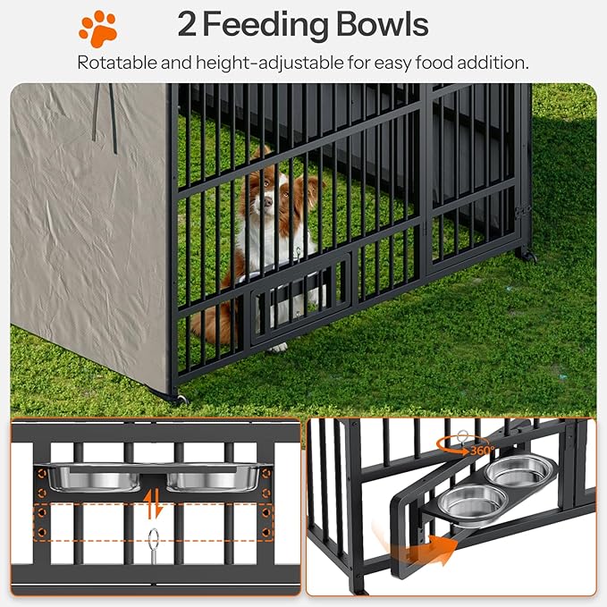 HOOBRO Dog Kennel Outdoor with Cover, 6.6 x 6.6 x 6.4 ft Dog Kennel Outside with Waterproof Roof and Rotating Feeding Bowls, Heavy-Duty Large Cage Enclosure, for Medium & Large Dogs, Black BK220GW03