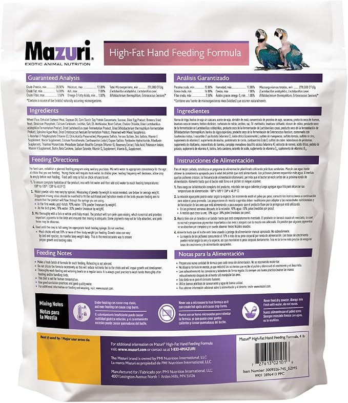 Mazuri | High-Fat Hand Feeding Formula for Baby Birds | 4 Pound (4 LB) Bag