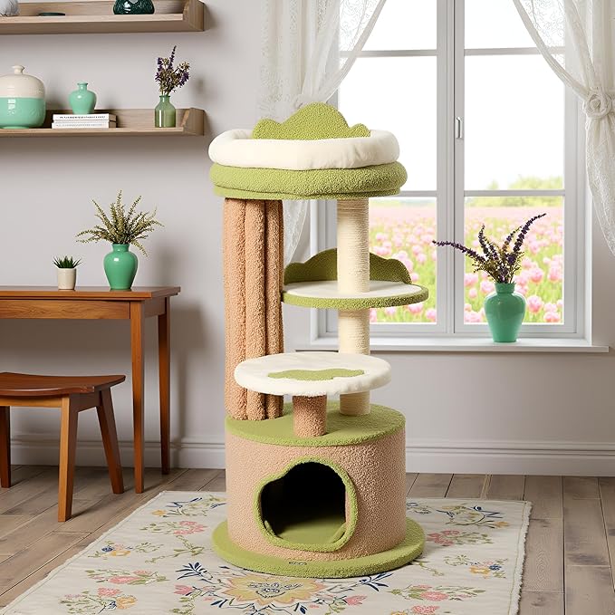 KAMABOKO 42.5" Cute Cat Tree, Green Cat Tree for Indoor Cats, Aesthetic Cat Tower with Teddy Fleece, Cats Condo, Unique Cat Furniture for Small Space - Perfect for Your Feline Pal