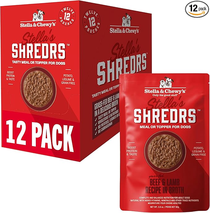 Stella & Chewy's Grass Fed Beef & Lamb Shredrs - Premium Dog Food Pouches - Perfect for Picky Eaters - 12 Pack, 2.8oz Each