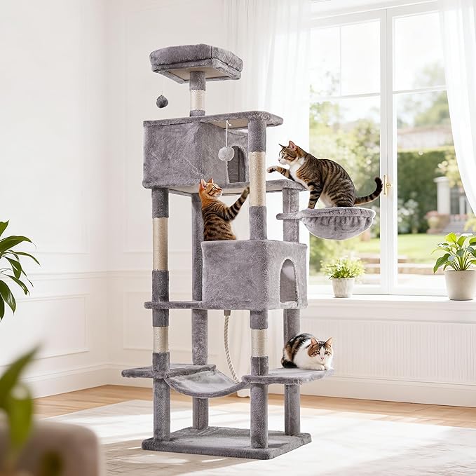 Cat Tree for Indoor Cats, 66 Inches Cat Tower with Scratching Post, Multi-Level Climbing Tree Cat House Padded Plush Perch, Cat Condo Activity Center with Pompoms, Kittens Pet Play House, Beige