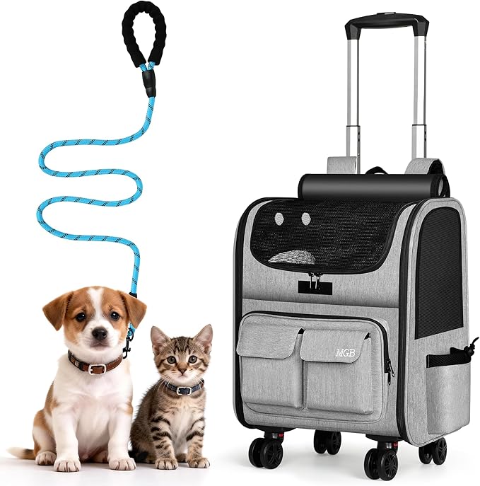 MGB Large Pet Carrier, Foldable Rolling Dog Carrier with Removable Wheels, Cat Rolling Bag 21.3"x15"x12.2" for 2 Cats & 1 Dog for Travel, Outdoor, Vet Visits, Camping, Indoor. Gray. (Not for Airline)