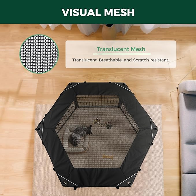 FXW Homeplus Indoor Dog Playpen with Hexagon Mesh Top Cover for Escape Prevention, 32 Inch 6 Panels Heavy Duty Dog Pen for Small and Medium Dogs, Black│Patented