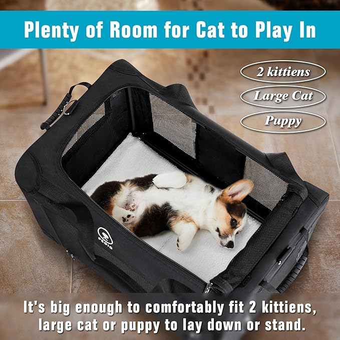 PEGIC Extra Large Cat Carrier for Car Travel, Soft Sided Collapsible Pet Carrier for Outdoor and Indoor Uses, Roomy Cat Carrier for 2 Kittens, Large Cat or Puppies up to 50lbs (Black)