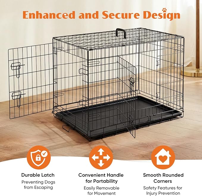 Sweetcrispy 36 Inch Dog Crate, Medium Crates Double Door Folding Metal Wire Dog Cage with Plastic Leak-Proof Pan Tray, Pet Kennel for Indoor, Outdoor, Travel