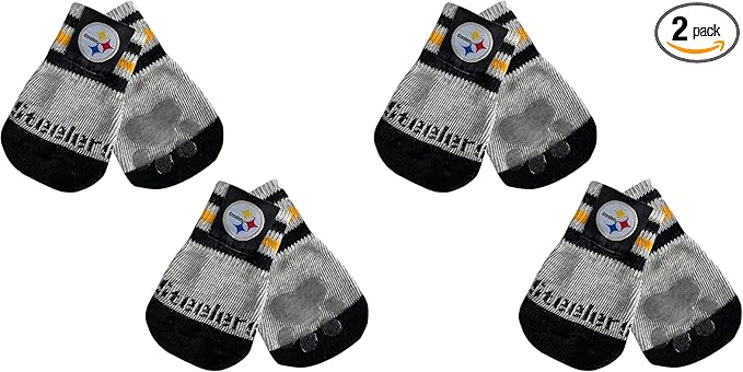 NFL Pittsburgh Steelers Anti Slip Dog Socks with Elastic Ribbed Top, Size X-Small/Small. Indoor/Outdoor Socks, Best Dog Paw Protector, 2 Pairs, Cool Puppy Supplies with NFL Logo of Steelers Team