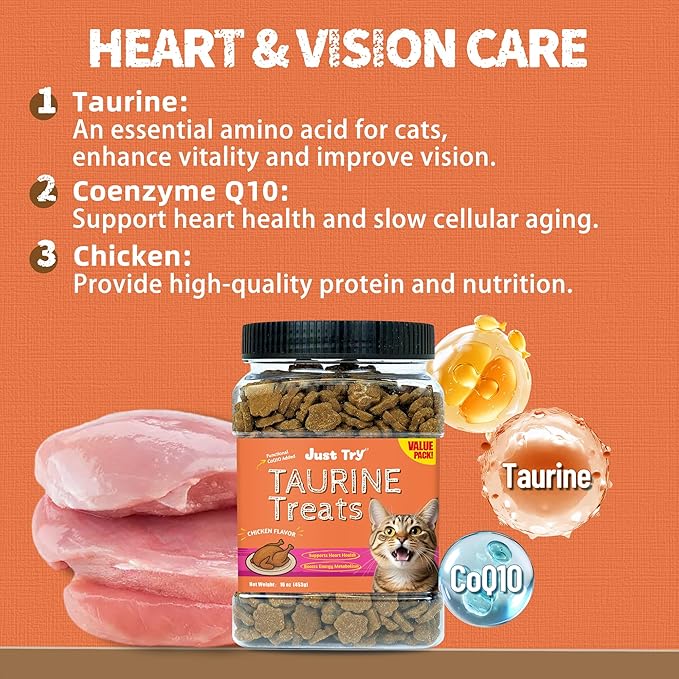 Just Try 16 OZ Taurine Treats with Coenzyme Q10 for Cats + 6.35 oz Cat Taurine Bites Coq10 Support Feline Heart Health