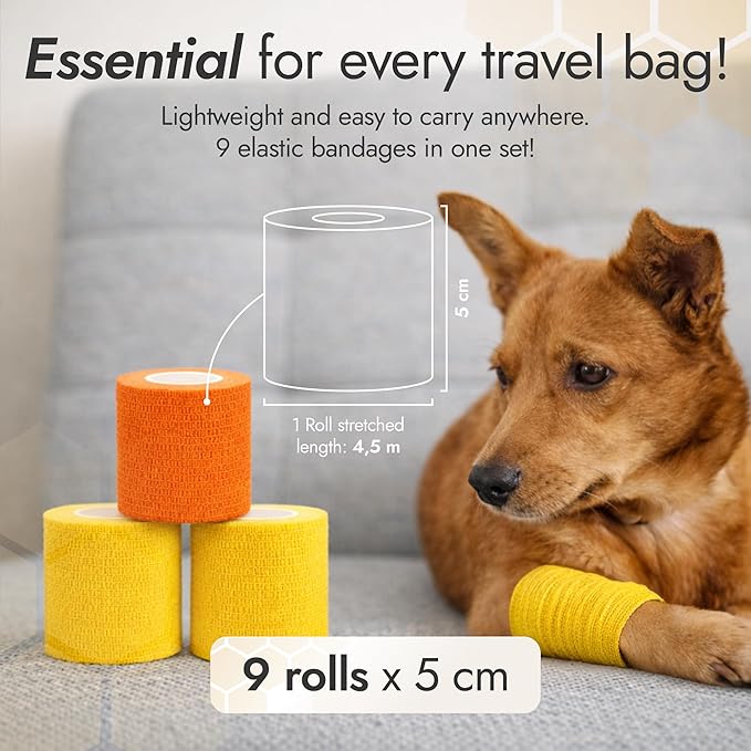 Self-Adhering Elastic Dog Bandages for Wounds – Cat & Dog Bandage Prevents Licking and Scratching – Made from Natural Rubber Latex, the Wrap Sticks to Itself – Set of 9 x 5 cm Rolls
