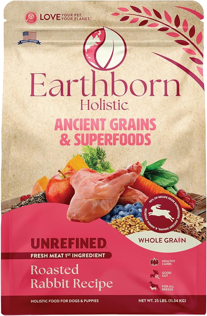 Earthborn Holistic Unrefined Roasted Rabbit Dry Dog Food, Ancient Grains & Superfoods, Pea-Free Recipe, 25 lb Bag