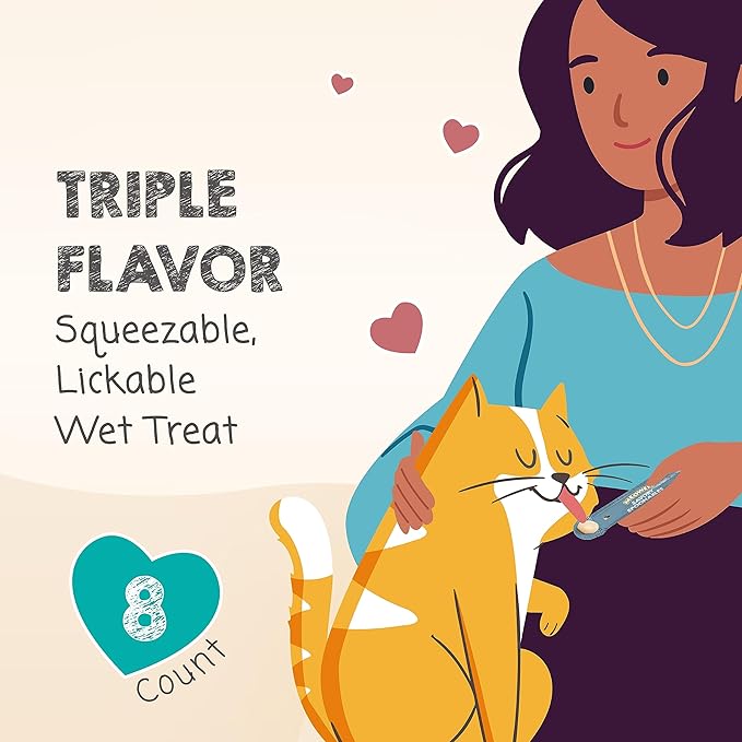 MEOWEE! Savory Spoonables with Real Tuna, Chicken & Duck, 8 Count Tube, Triple Flavor Squeezable Lickable Wet Treats for Cats with Built-in Spoon for Less Mess (Pack of 2)