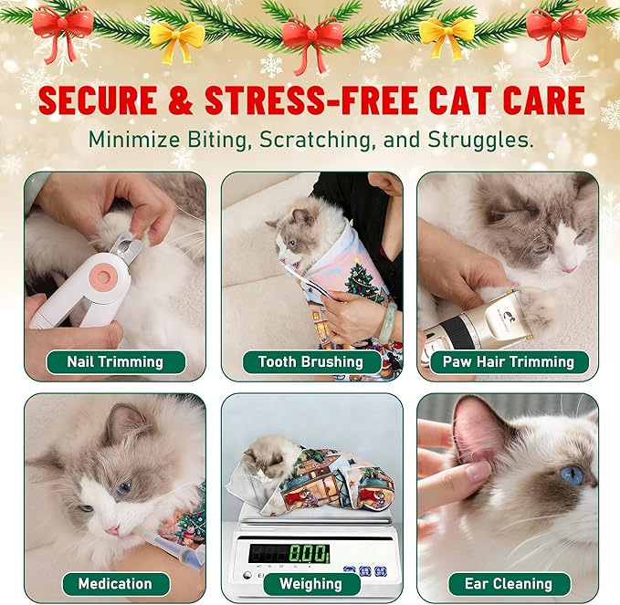 Purrfect Peace Cat Swaddle Wrap – Professional Calming Restraint Bag for Grooming, Nail Trimming & Medicine - Adjustable Cat Restraint for Grooming, Vet Visits (Gingerbread Tail, L)