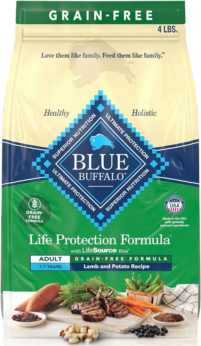 Blue Buffalo Life Protection Formula Natural Grain Free Adult Dry Dog Food, with Lamb and Potatoes, 4 lb. Bag