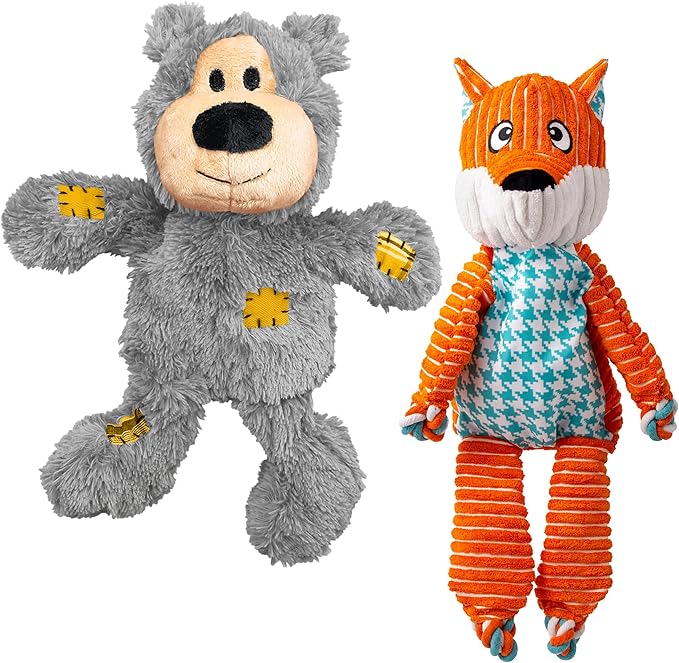 KONG XL 2 Pack - Soft Plush Dog Toy for Large Breeds - Durable, Cuddly & Squeaky - Perfect for Play & Comfort (Bear/Fox)