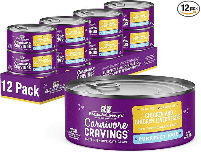 Stella & Chewy's Carnivore Cravings Purrfect Paté - Premium Grain-Free Wet Cat Food - Chicken & Liver Recipe - High Protein with Bone Broth - Perfect for Picky Eaters - 2.8oz Cans (12 Pack)