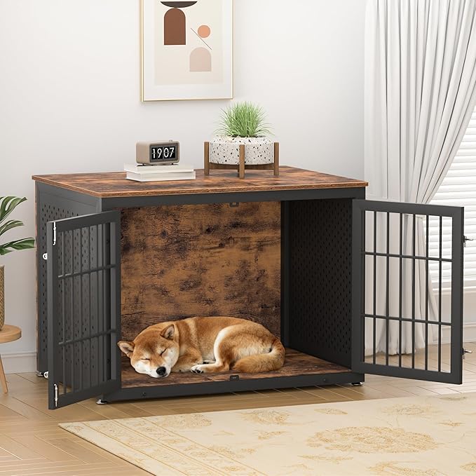 rehomerance 42" Heavy Duty Dog Crate Furniture for Large and Medium Dogs, Enclosed Design Wooden Metal Kennel, Wooden Cage Furniture Indoor, Decorative Dog Kennel End Table