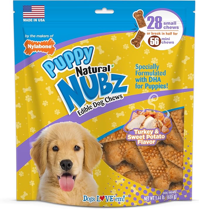 Nylabone Nubz Natural Dog Chew Treats for Puppies, Long Lasting Dog Bones Made in USA, Puppy Training Treats, Turkey & Sweet Potato Flavor, for Small Dogs Up to 25 lbs. (28 Count)