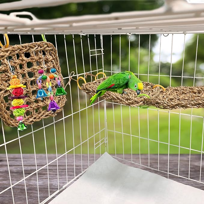 Tfwadmx Large Bird Seagrass Hammock Tent, 3Pcs 9.8x9.8in Seagrass Mat for Birds, Hanging Parrot Toys, Counre House Hut Hideout for Parakeets, Lovebirds, Budgies, Cockatiels